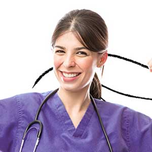 An image of a nurse (Telus Hero) in a strong pose and an illustration of a cape from her shoulders.